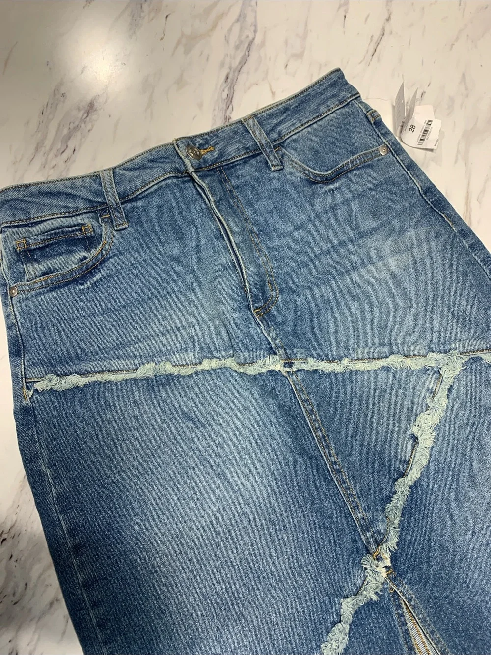 Frayed-Trim Blue Denim Maxi Skirt with Front Slit